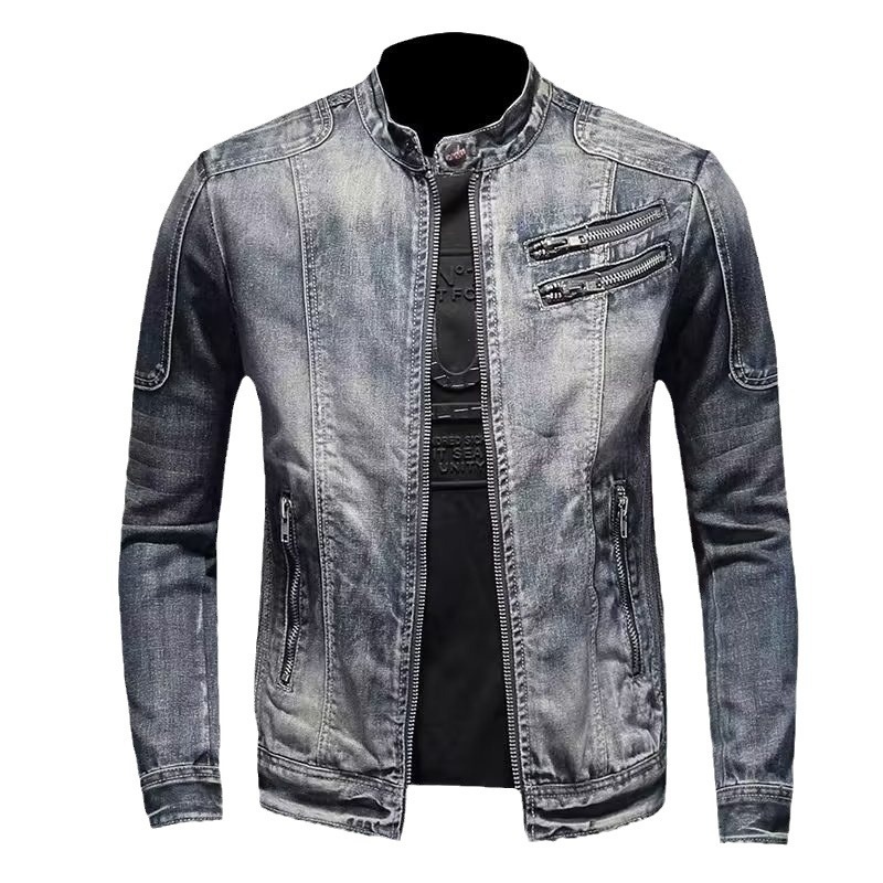 Trendige Herren-Denim-Jacke im europäischen und amerikanischen Stil, große Größe, Stehkragen, Reißverschluss, Retro-Blau_voghion.com