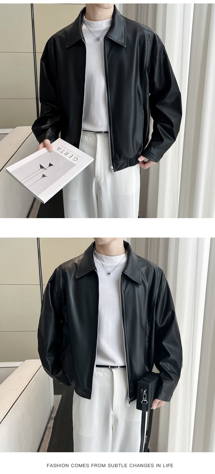 Giacca da motociclista da uomo in pelle con cerniera imbottita e design di nicchia Pishi Pu, autunno inverno, cappotto alla moda_voghion.com