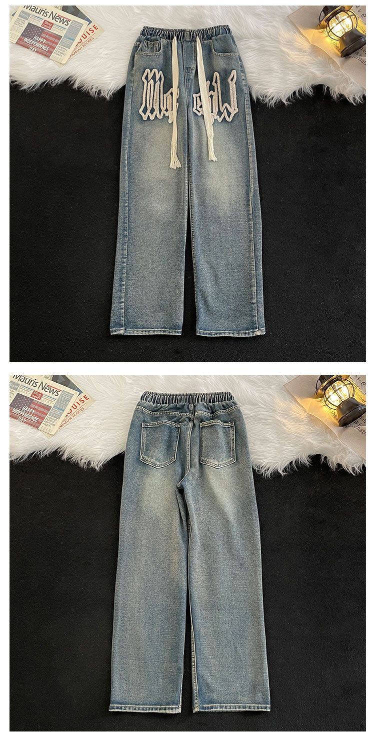 boy Towel Embroidered Jeans For Men, European American High Style, Washed And Distressed, Street Hip-Hop Loose Fit, Letter_voghion.com