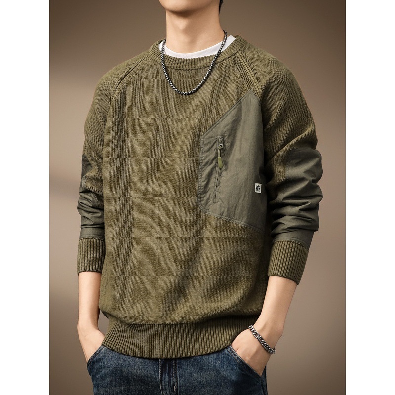 boy Boy Boy Boy High-End American Heavyweight Retro Color-Block Pocket Sweater For Men, Autumn Trendy Brand, Thick Loose Fit, Plus Size_voghion.com