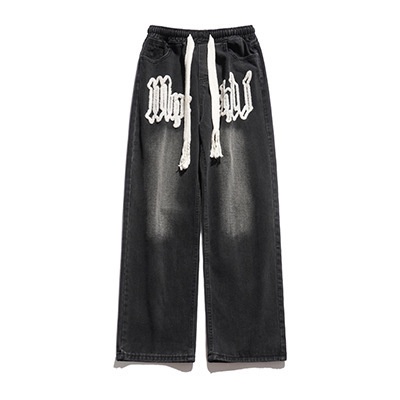 boy Towel Embroidered Jeans For Men, European American High Style, Washed And Distressed, Street Hip-Hop Loose Fit, Letter_voghion.com