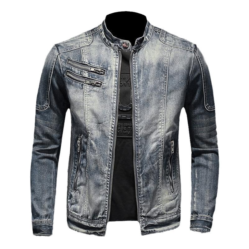 Veste en jean haut de gamme pour homme, style rétro décontracté européen et américain, grandes tailles, col montant, fermeture éclair, tendance pour le cyclisme et la moto_voghion.com
