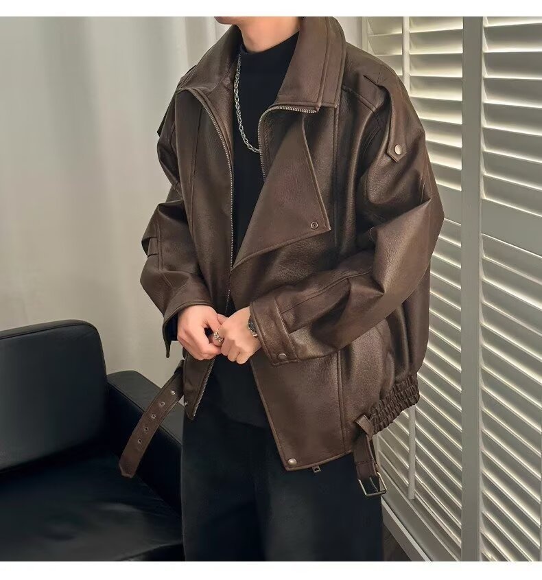 Giacca da motociclista di alta qualità con colletto rovesciato per uomo, stile europeo e americano, moda da strada alla moda, giacca da motociclista, PU coreano_voghion.com