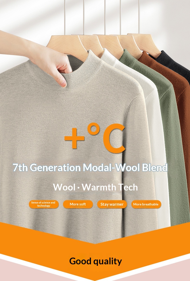 boy Boy Boy Boy Men's Wool Modal Half Turtleneck Sweater With Fleece Lining, Thickened And Warm, Simple Knitted Base Shirt_voghion.com