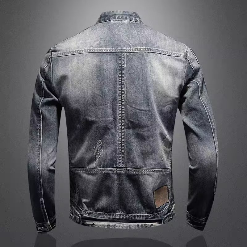 Trendige Herren-Denim-Jacke im europäischen und amerikanischen Stil, große Größe, Stehkragen, Reißverschluss, Retro-Blau_voghion.com