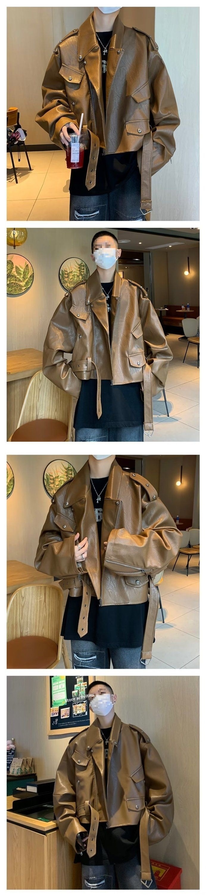 Giacca da motociclista corta in pelle color caffè Melard da uomo, stile street primaverile e autunnale, dal design unico, cool_voghion.com