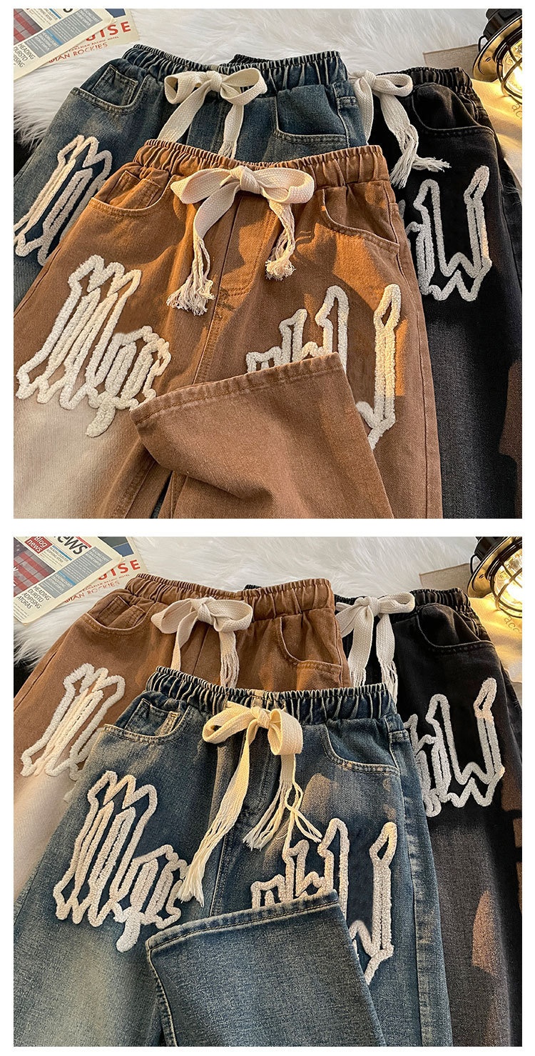 boy Towel Embroidered Jeans For Men, European American High Style, Washed And Distressed, Street Hip-Hop Loose Fit, Letter_voghion.com