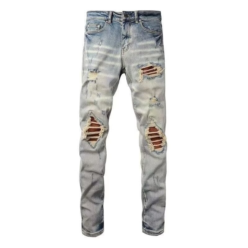 boy European And American Style Ripped Patch Elastic Retro Men's High Street Slim Fit Skinny Trendy Brand Jeans_voghion.com