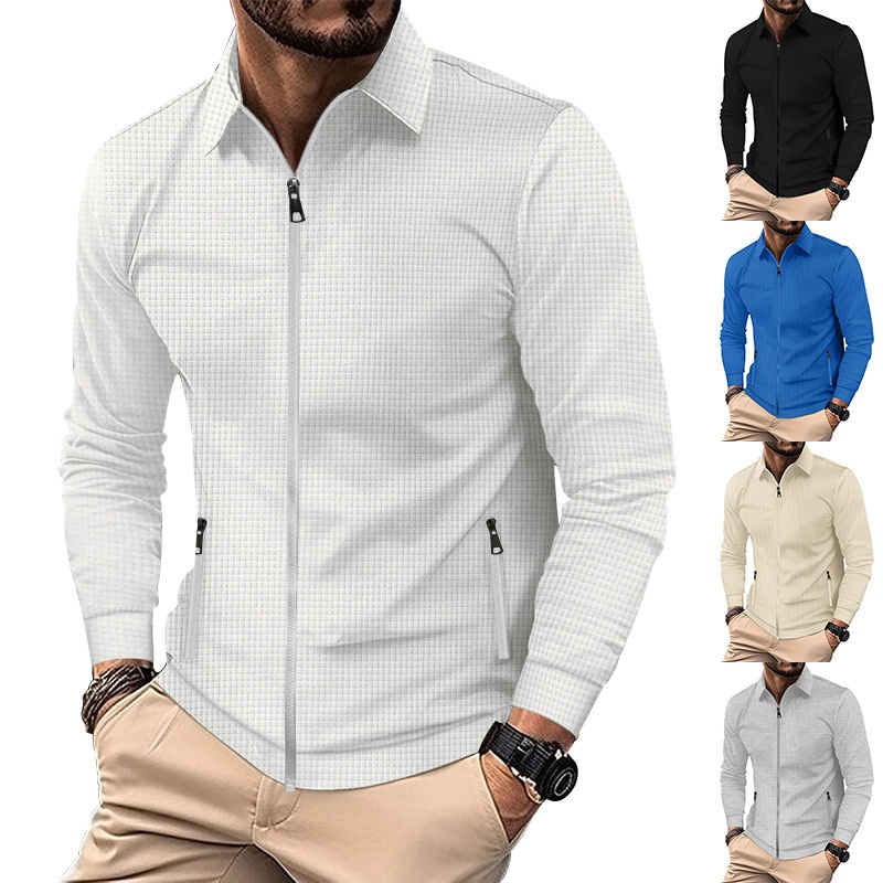 Giacca casual da uomo con polo e cerniera, a maniche lunghe, con colletto a nido d'ape transfrontaliero europeo e americano, cappotto autunnale_voghion.com