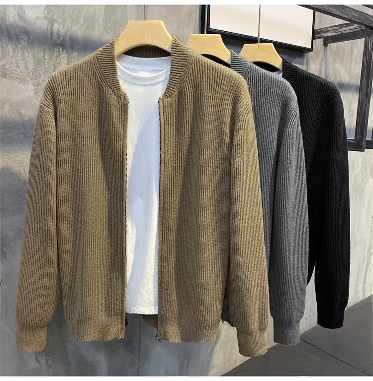 boy Boy Boy Spring And Autumn Doub Zipper Design Cardigan Solid Color Sweater Men's Simp Trendy Versati Knitted Jacket_voghion.com