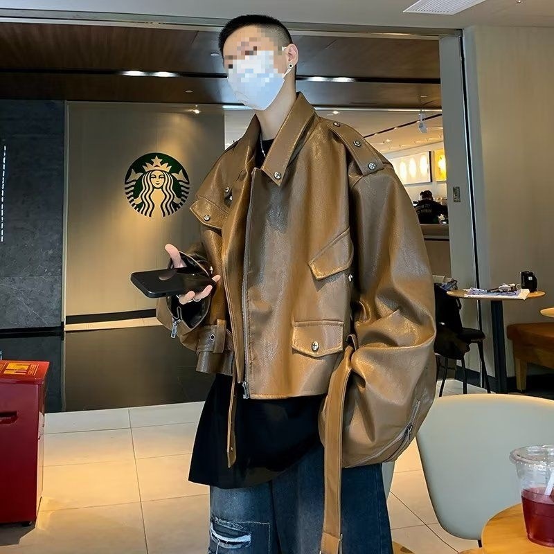 Giacca da motociclista corta in pelle color caffè Melard da uomo, stile street primaverile e autunnale, dal design unico, cool_voghion.com