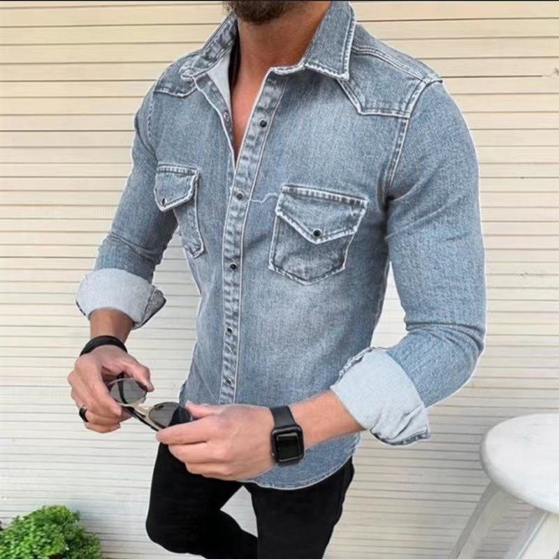 boy 2020 European And American Autumn Winter New Solid Color Slim Fit Men's Denim Shirt Turn-down Collar Jacket_voghion.com