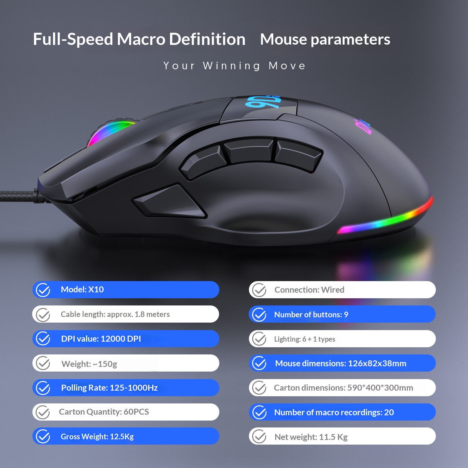 Digitex Digitex 12800 DPI Tam Hızlı Çok Düğmeli Oyun Faresi 9 Düğmeli Kablolu Tek Parça Toplu Bilgisayar Aksesuarları RGB E-Spor Sınıfı_voghion.com