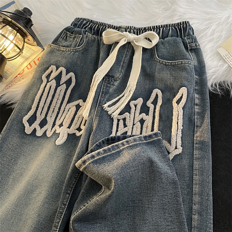 boy Towel Embroidered Jeans For Men, European American High Style, Washed And Distressed, Street Hip-Hop Loose Fit, Letter_voghion.com