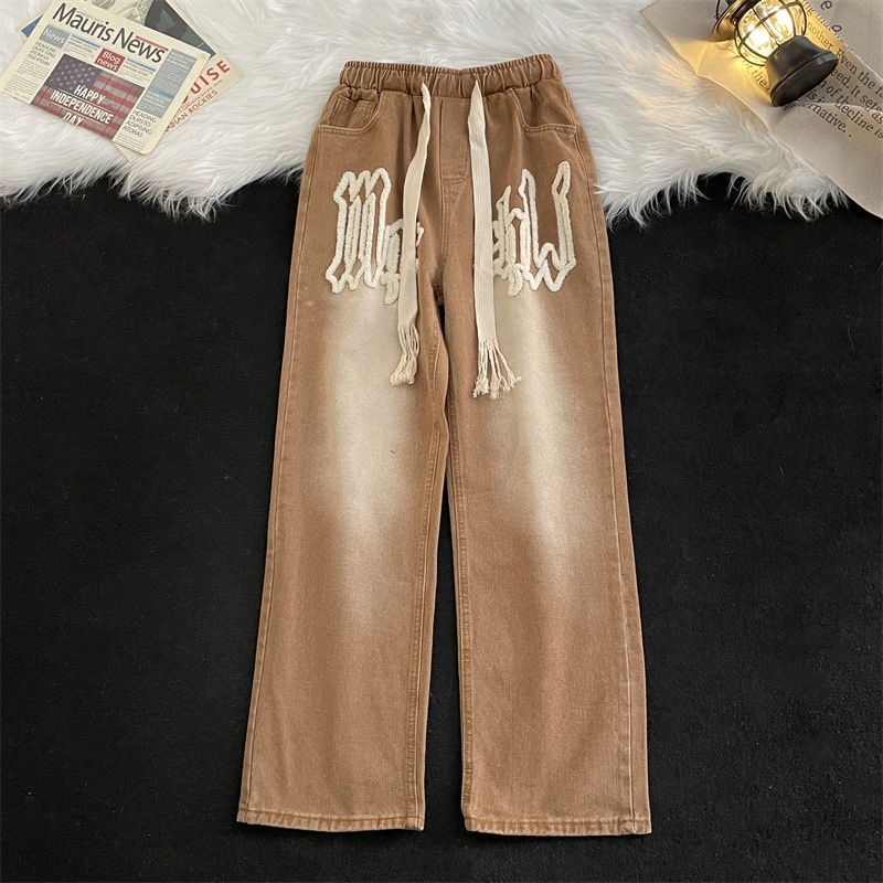 boy Towel Embroidered Jeans For Men, European American High Style, Washed And Distressed, Street Hip-Hop Loose Fit, Letter_voghion.com