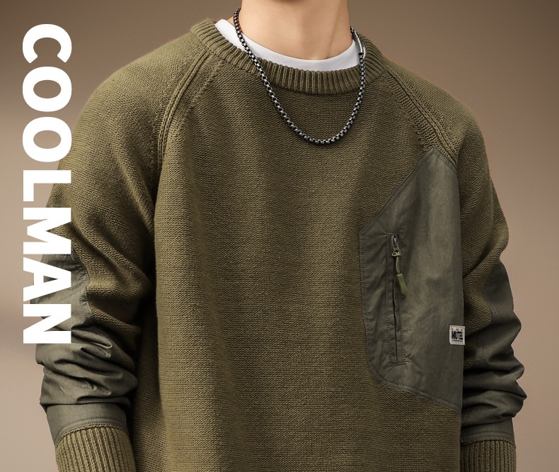 boy Boy Boy Boy High-End American Heavyweight Retro Color-Block Pocket Sweater For Men, Autumn Trendy Brand, Thick Loose Fit, Plus Size_voghion.com