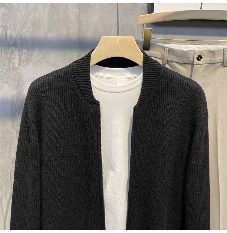boy Boy Boy Spring And Autumn Doub Zipper Design Cardigan Solid Color Sweater Men's Simp Trendy Versati Knitted Jacket_voghion.com