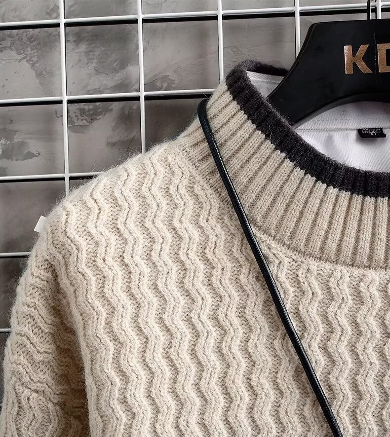 Pull à col roulé mi-long pour homme, pull en maille torsadée automne-hiver, pull tendance ample à col rond pour homme._voghion.com