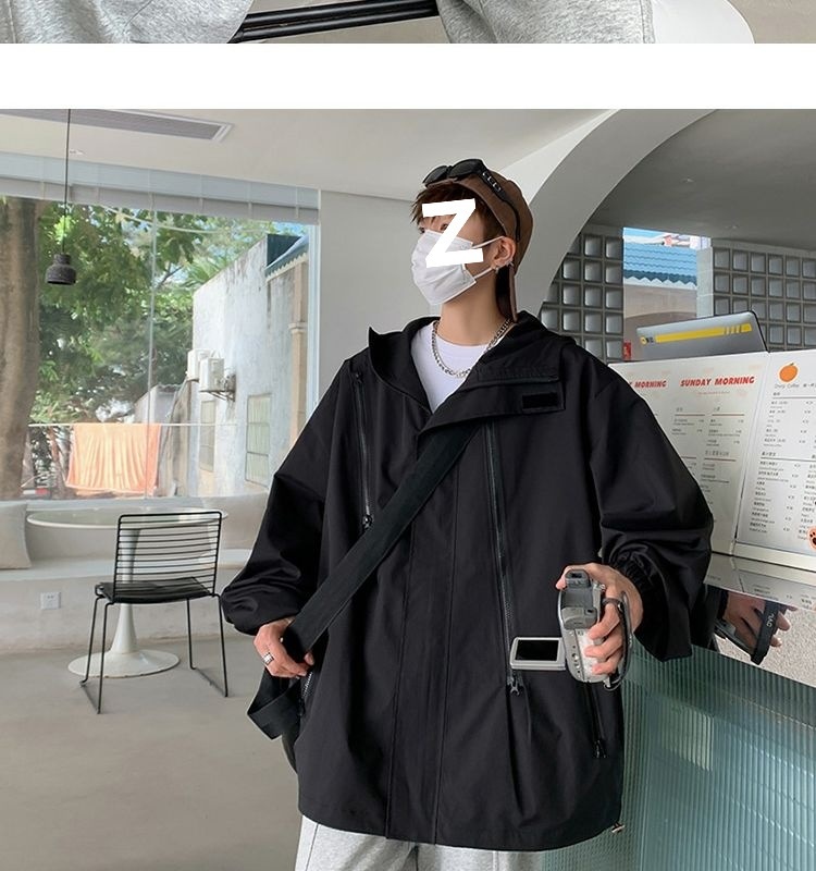 Giacca a vento con cappuccio e cerniera impermeabile funzionale da uomo, stile Boy American High Street, alla moda, primavera e autunno, taglie forti_voghion.com