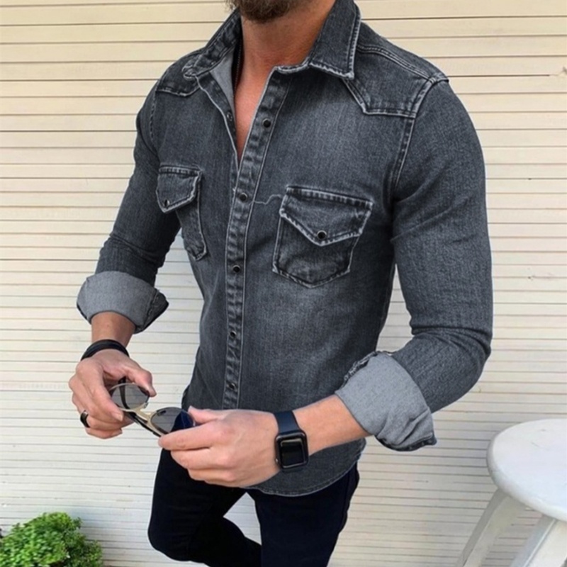 boy 2020 European And American Autumn Winter New Solid Color Slim Fit Men's Denim Shirt Turn-down Collar Jacket_voghion.com