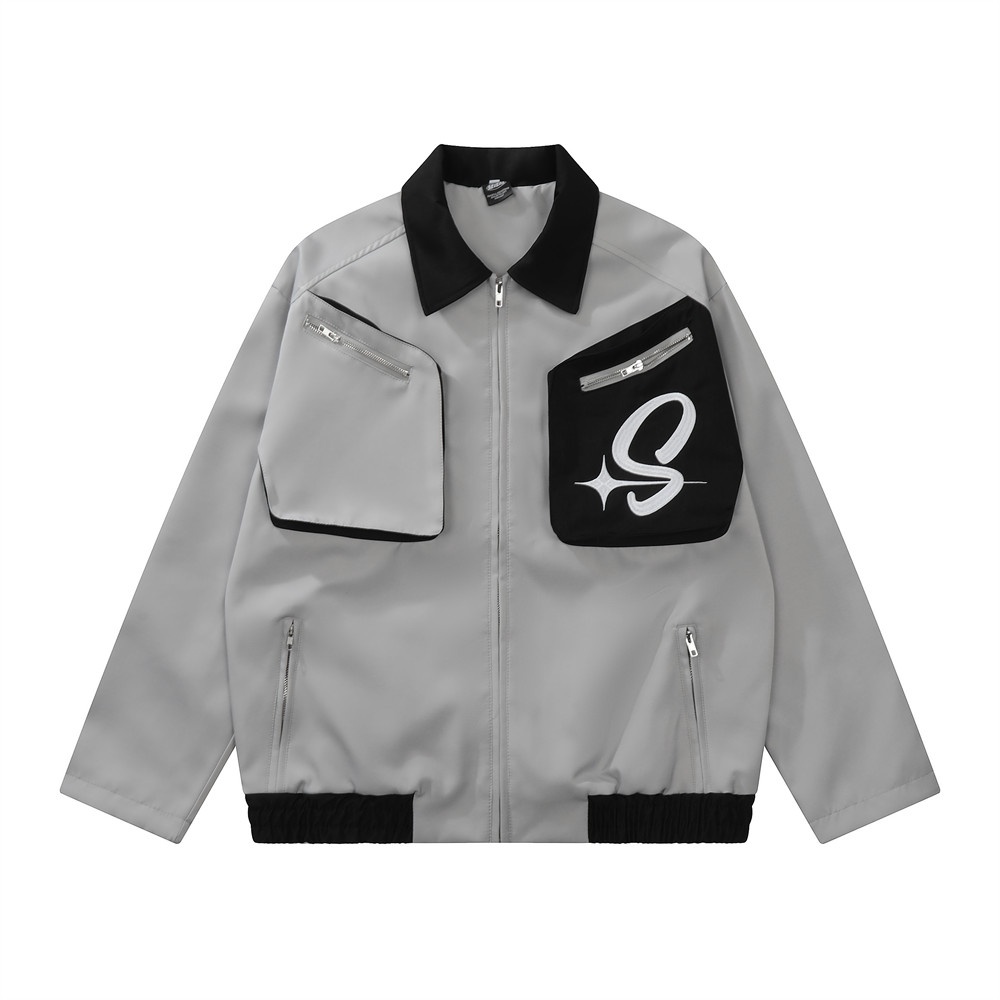 Ragazzo europeo e americano High Street Block Lapel Men Personality Loose Color Contrast Poc Zipper Design Moto_voghion.com