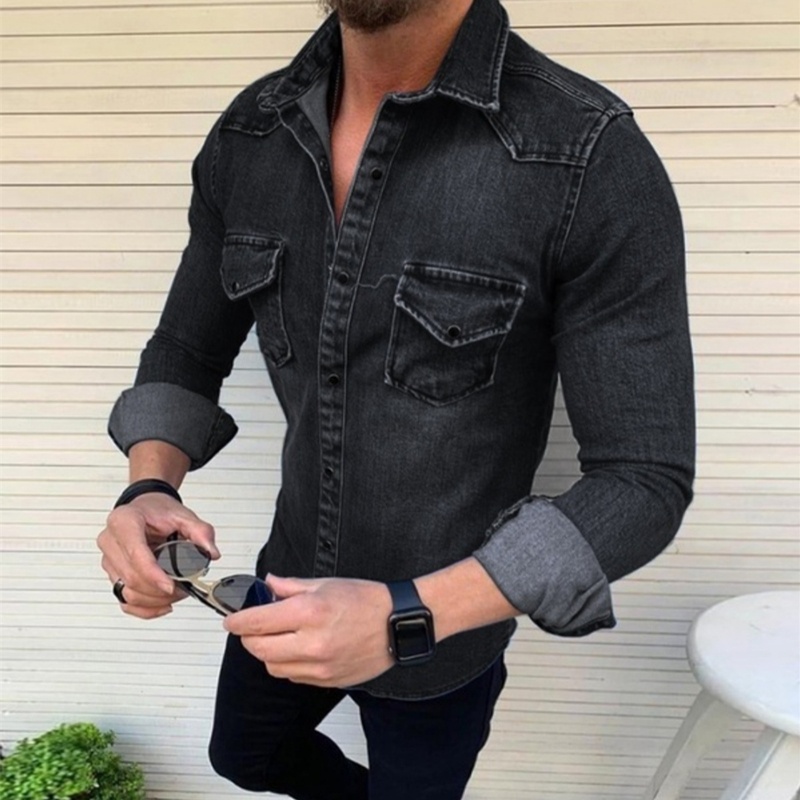 boy 2020 European And American Autumn Winter New Solid Color Slim Fit Men's Denim Shirt Turn-down Collar Jacket_voghion.com