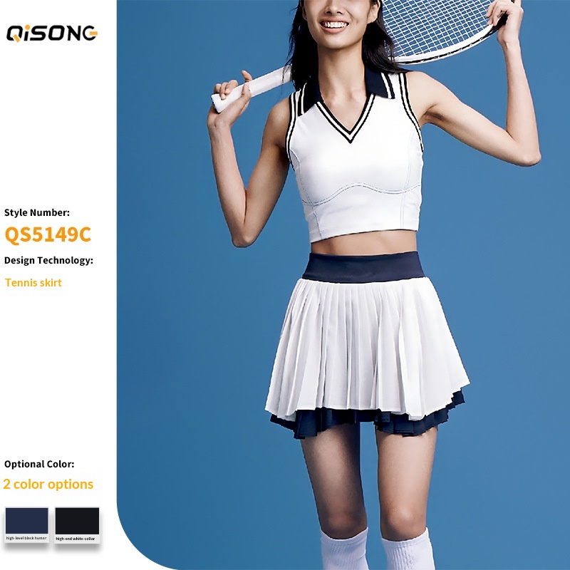 Falda de tenis plisada de doble capa con bloques de color para mujer, chaleco deportivo con cuello tipo polo, invisible y transpirable._voghion.com