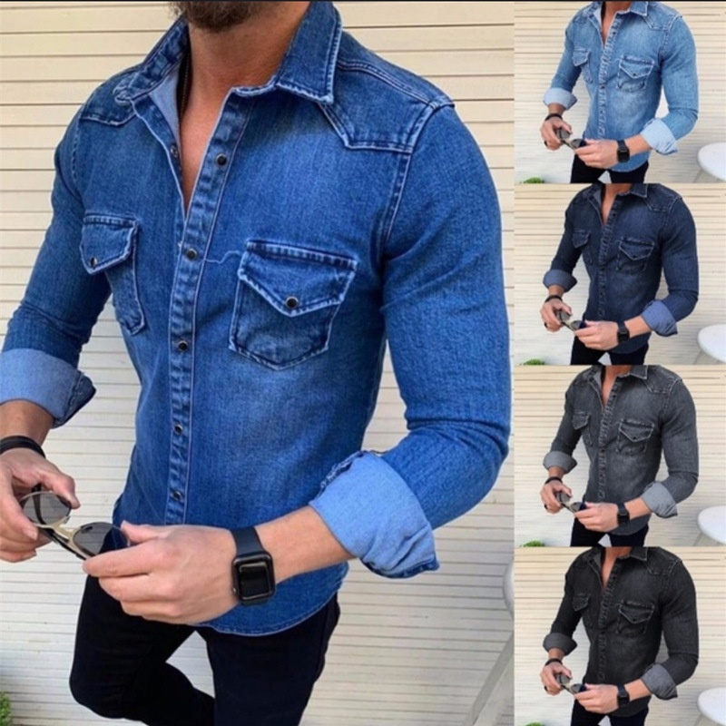 boy 2020 European And American Autumn Winter New Solid Color Slim Fit Men's Denim Shirt Turn-down Collar Jacket_voghion.com