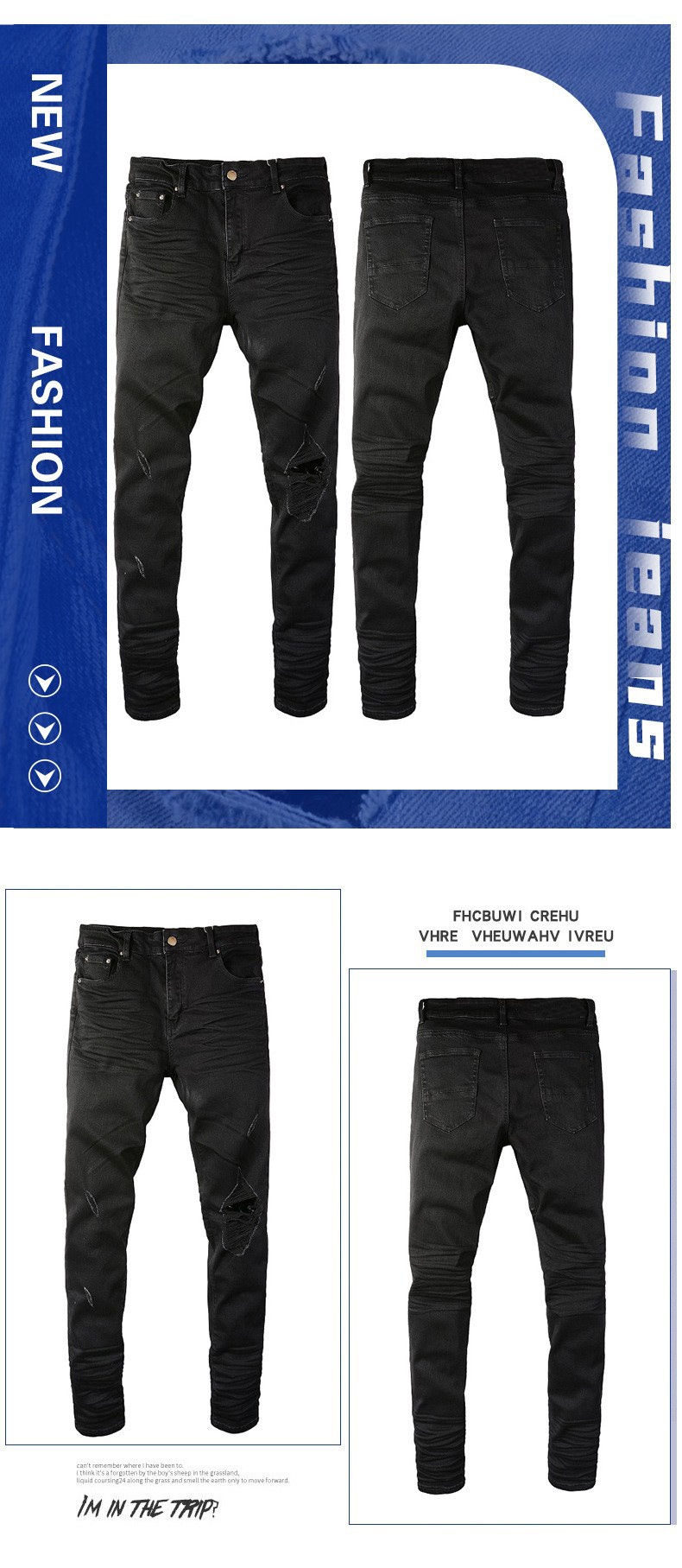 boy European And American Cross-Border Trendy Brand Black Ripped Patched Stretch Slim Fit Men's Jeans Wholesale Export_voghion.com