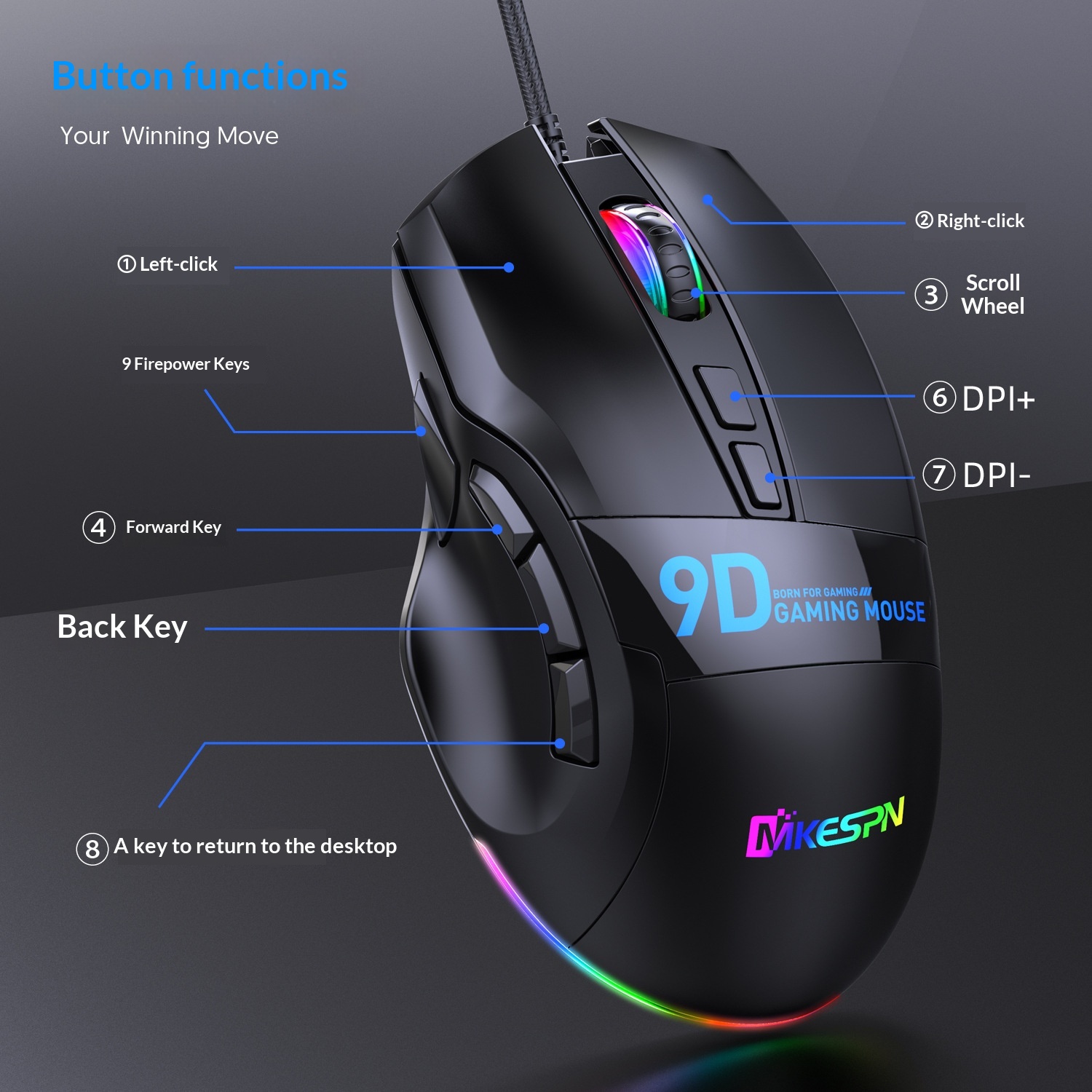 Digitex Digitex 12800 DPI Tam Hızlı Çok Düğmeli Oyun Faresi 9 Düğmeli Kablolu Tek Parça Toplu Bilgisayar Aksesuarları RGB E-Spor Sınıfı_voghion.com