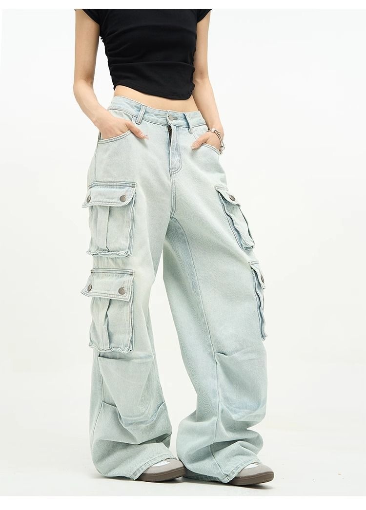 Jeans multitasche stile boy per uomo, pantaloni cargo a gamba larga blu retrò di nicchia, pantaloni alla moda europei e americani per coppie_voghion.com