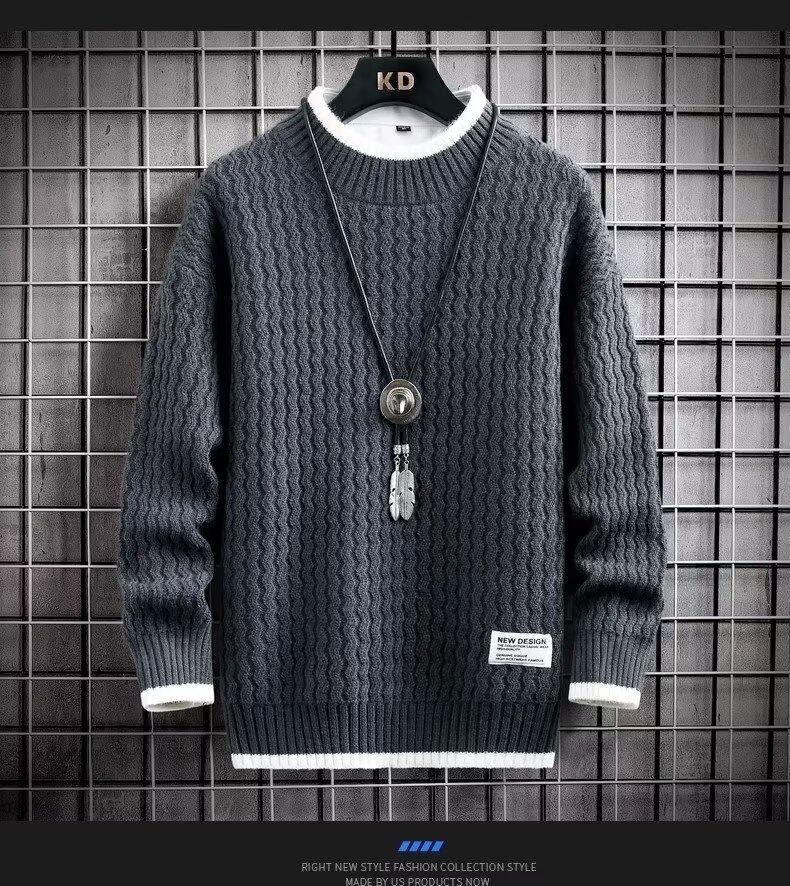 Pull à col roulé mi-long pour homme, pull en maille torsadée automne-hiver, pull tendance ample à col rond pour homme._voghion.com