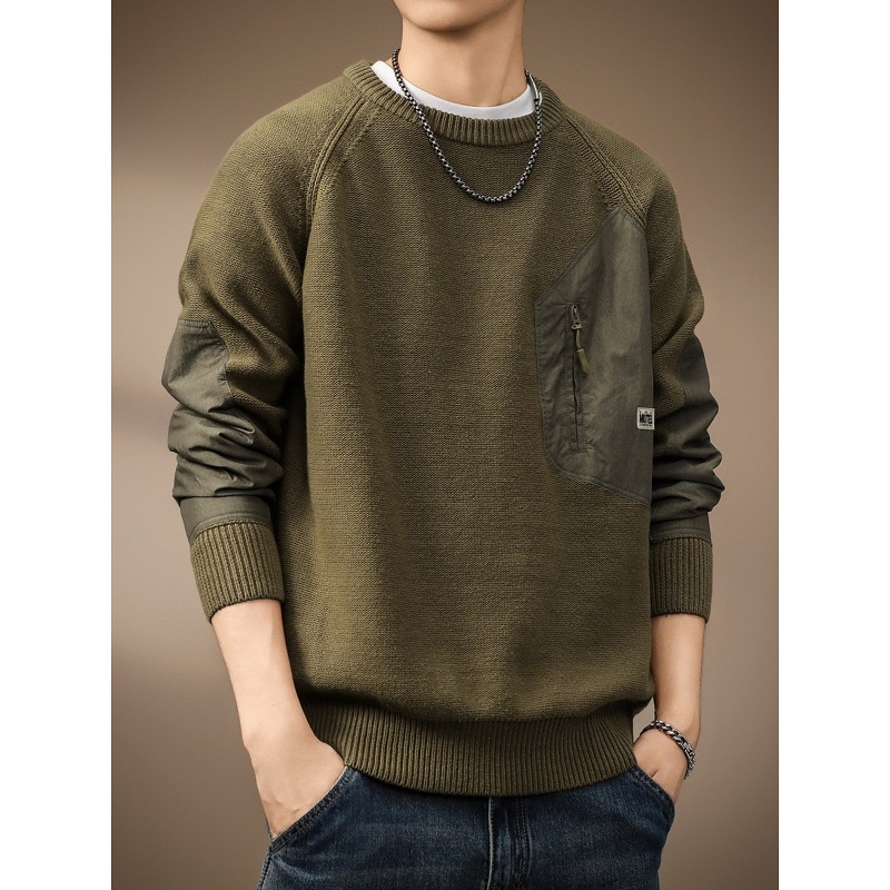 boy Boy Boy Boy High-End American Heavyweight Retro Color-Block Pocket Sweater For Men, Autumn Trendy Brand, Thick Loose Fit, Plus Size_voghion.com