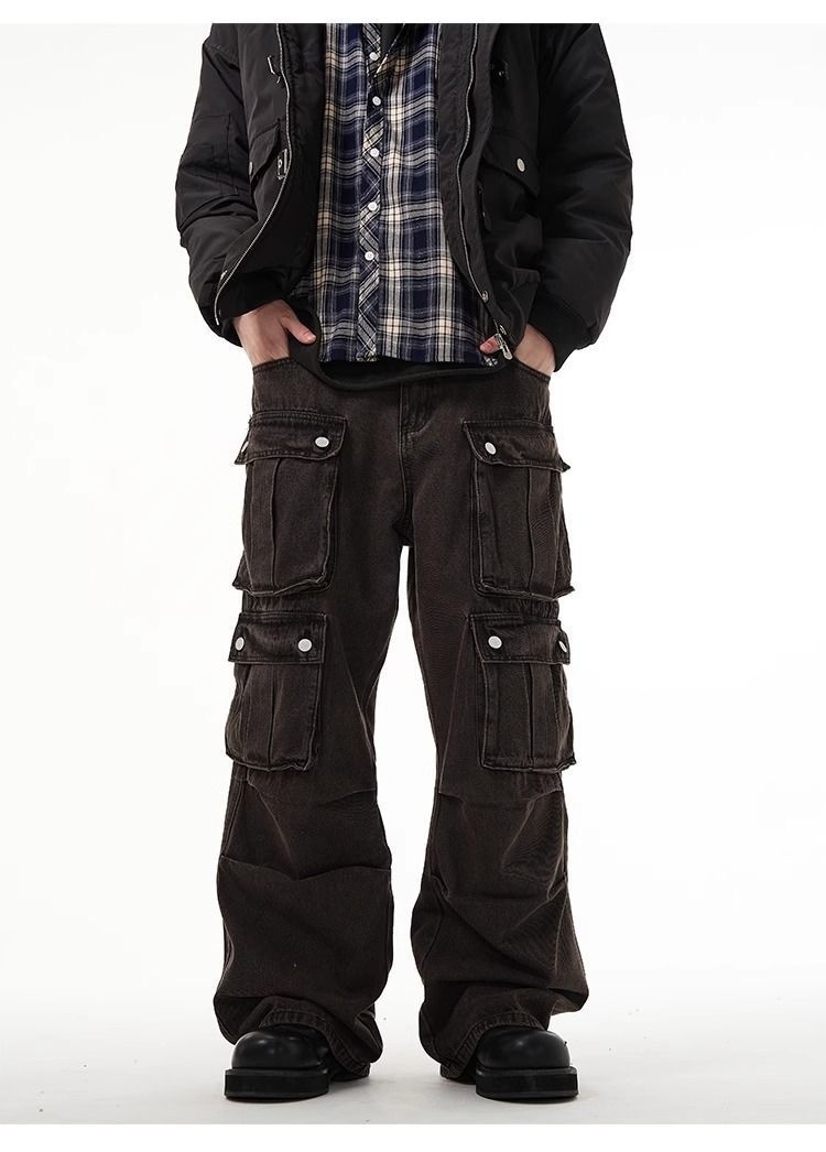 Jeans multitasche stile boy per uomo, pantaloni cargo a gamba larga blu retrò di nicchia, pantaloni alla moda europei e americani per coppie_voghion.com