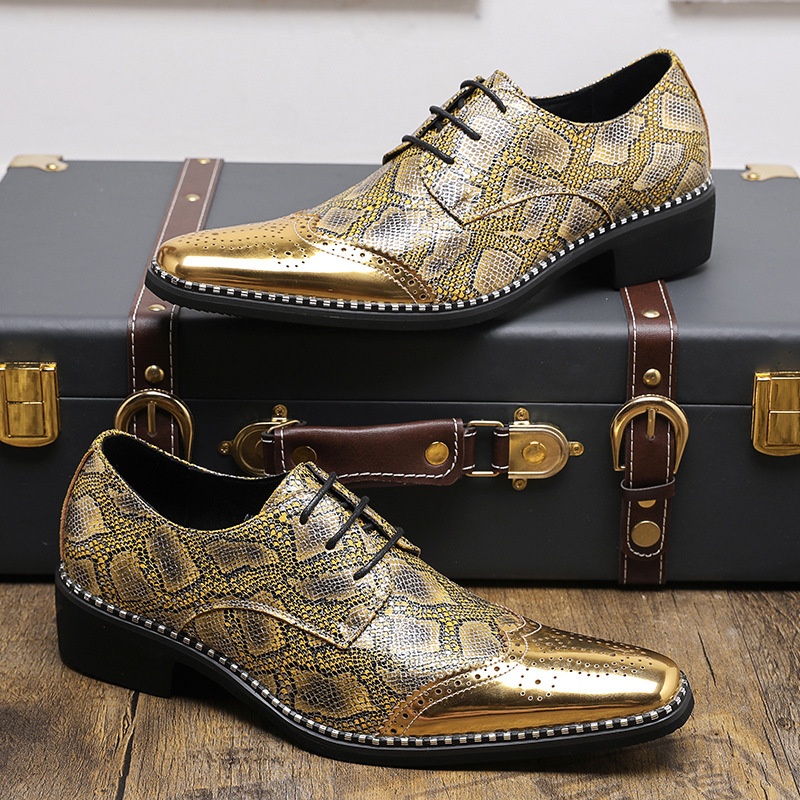 WalkPrime WalkPrime Cross-Border Gold Glossy Business Brogue Scarpe Derby con lacci, punta affilata, stile europeo e americano, taglia grande_voghion.com