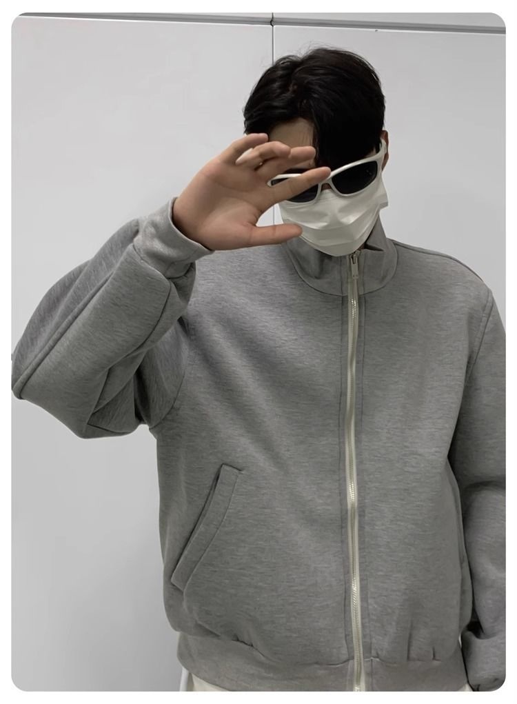 Jungen Herbst Lässige Strickjacke mit gepolsterten Schultern Graue Jacke Herren Lockerer Schnitt Internet Promi Hochwertig Kurzer Stehkragen Sport_voghion.com