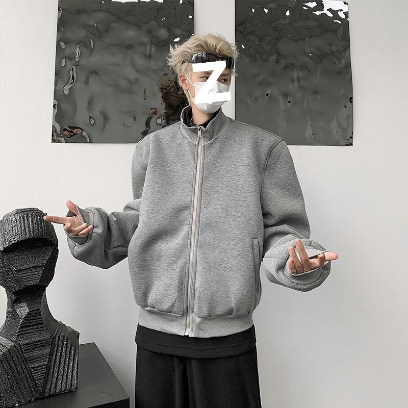 Jungen Herbst Lässige Strickjacke mit gepolsterten Schultern Graue Jacke Herren Lockerer Schnitt Internet Promi Hochwertig Kurzer Stehkragen Sport_voghion.com