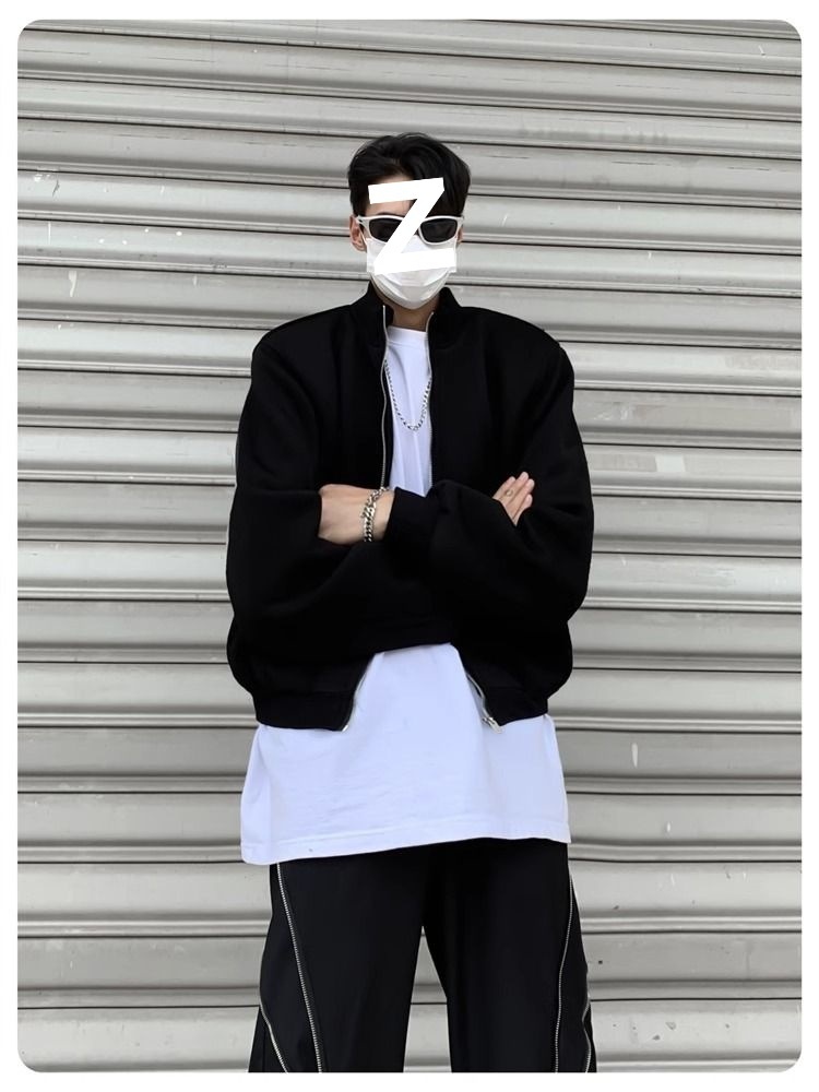 Jungen Herbst Lässige Strickjacke mit gepolsterten Schultern Graue Jacke Herren Lockerer Schnitt Internet Promi Hochwertig Kurzer Stehkragen Sport_voghion.com