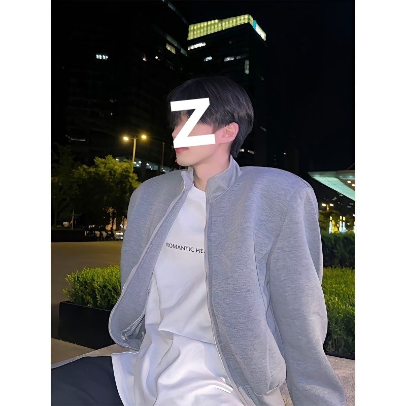 Jungen Herbst Lässige Strickjacke mit gepolsterten Schultern Graue Jacke Herren Lockerer Schnitt Internet Promi Hochwertig Kurzer Stehkragen Sport_voghion.com