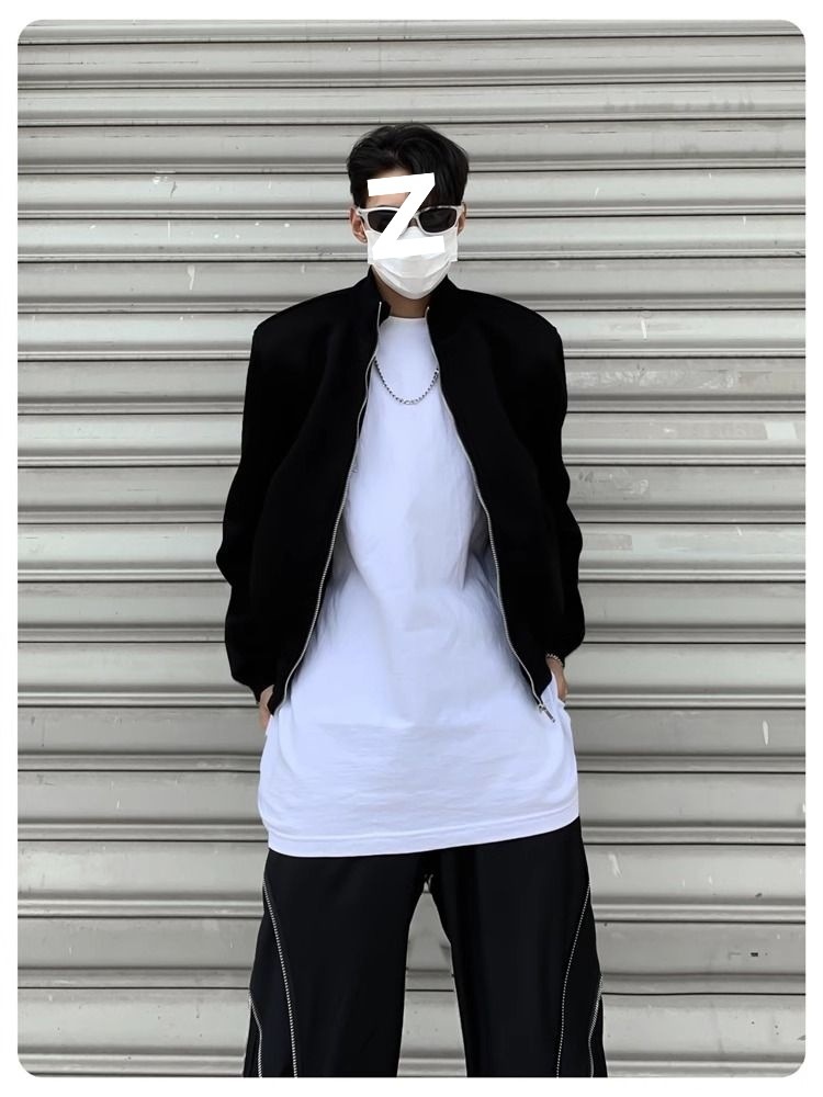 Jungen Herbst Lässige Strickjacke mit gepolsterten Schultern Graue Jacke Herren Lockerer Schnitt Internet Promi Hochwertig Kurzer Stehkragen Sport_voghion.com