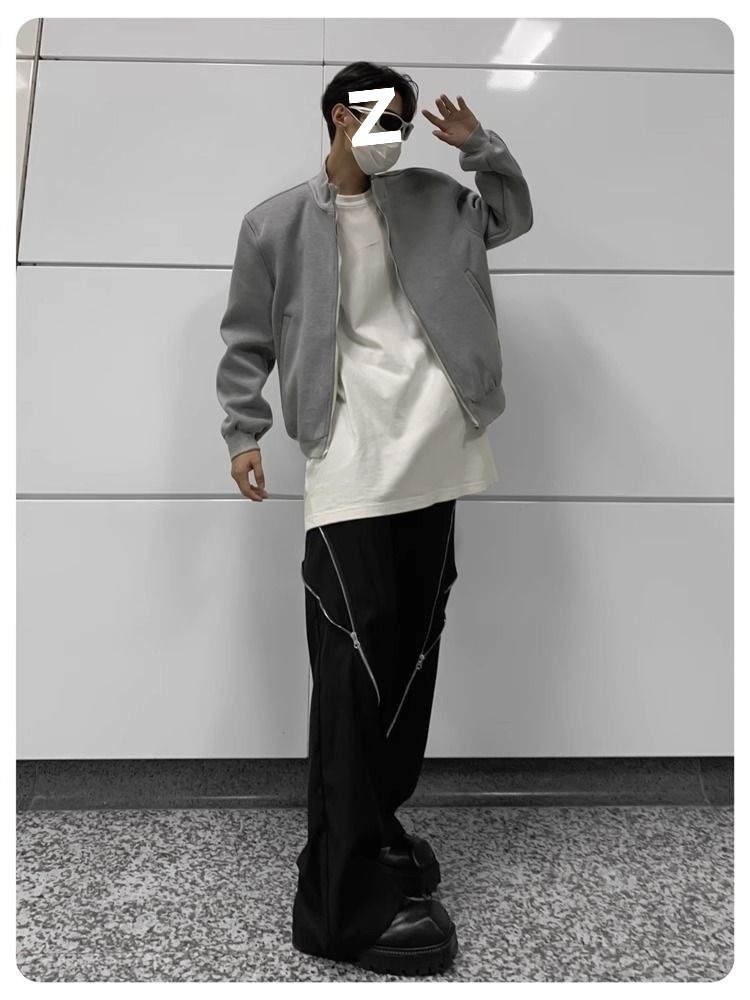 Jungen Herbst Lässige Strickjacke mit gepolsterten Schultern Graue Jacke Herren Lockerer Schnitt Internet Promi Hochwertig Kurzer Stehkragen Sport_voghion.com