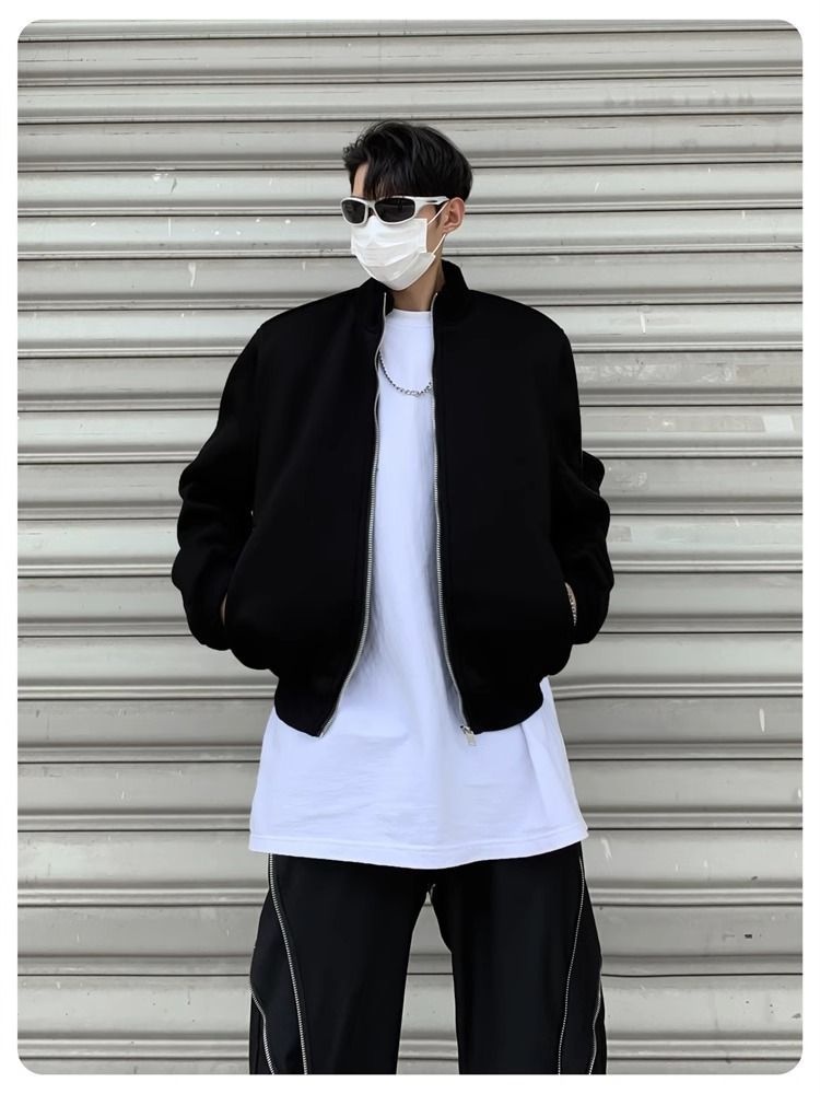 Jungen Herbst Lässige Strickjacke mit gepolsterten Schultern Graue Jacke Herren Lockerer Schnitt Internet Promi Hochwertig Kurzer Stehkragen Sport_voghion.com