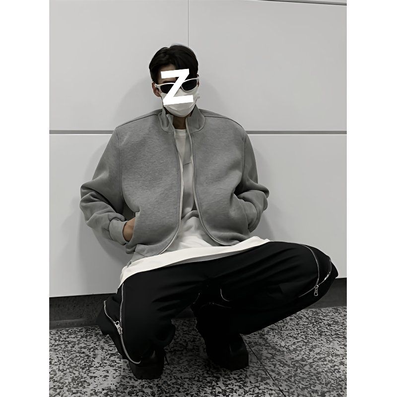 Jungen Herbst Lässige Strickjacke mit gepolsterten Schultern Graue Jacke Herren Lockerer Schnitt Internet Promi Hochwertig Kurzer Stehkragen Sport_voghion.com