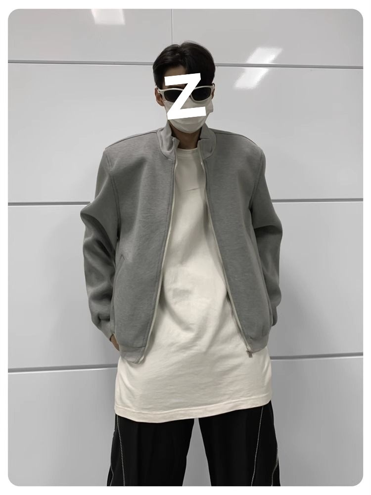 Jungen Herbst Lässige Strickjacke mit gepolsterten Schultern Graue Jacke Herren Lockerer Schnitt Internet Promi Hochwertig Kurzer Stehkragen Sport_voghion.com