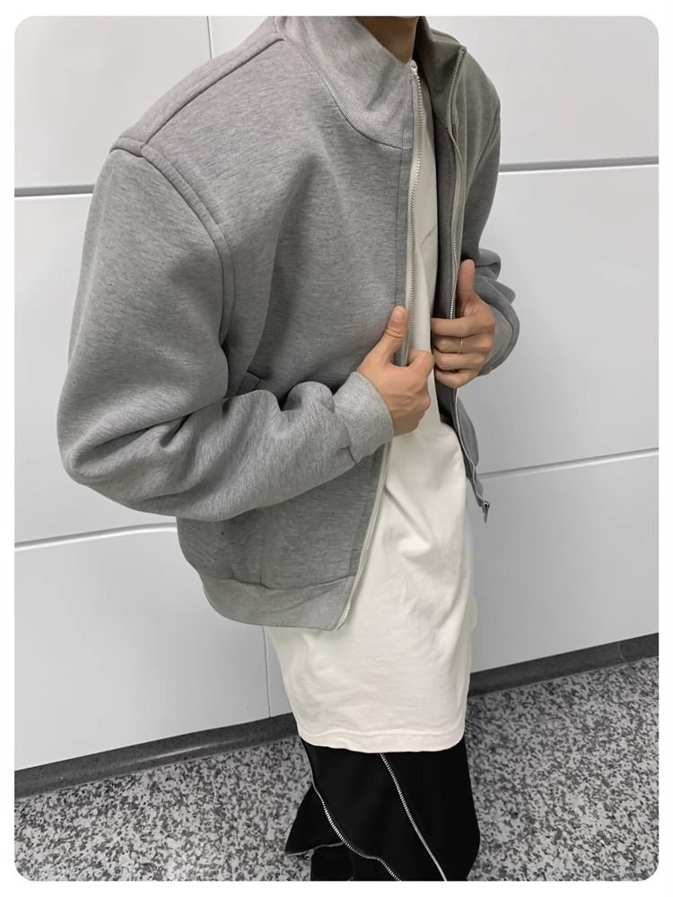 Jungen Herbst Lässige Strickjacke mit gepolsterten Schultern Graue Jacke Herren Lockerer Schnitt Internet Promi Hochwertig Kurzer Stehkragen Sport_voghion.com