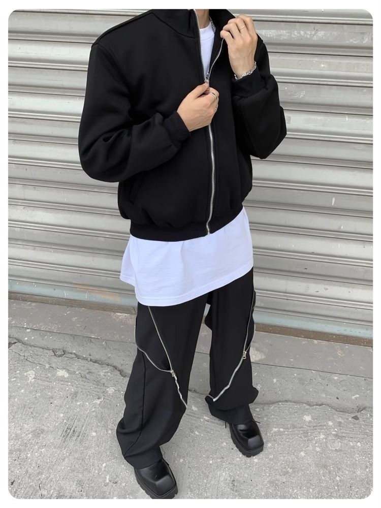 Jungen Herbst Lässige Strickjacke mit gepolsterten Schultern Graue Jacke Herren Lockerer Schnitt Internet Promi Hochwertig Kurzer Stehkragen Sport_voghion.com