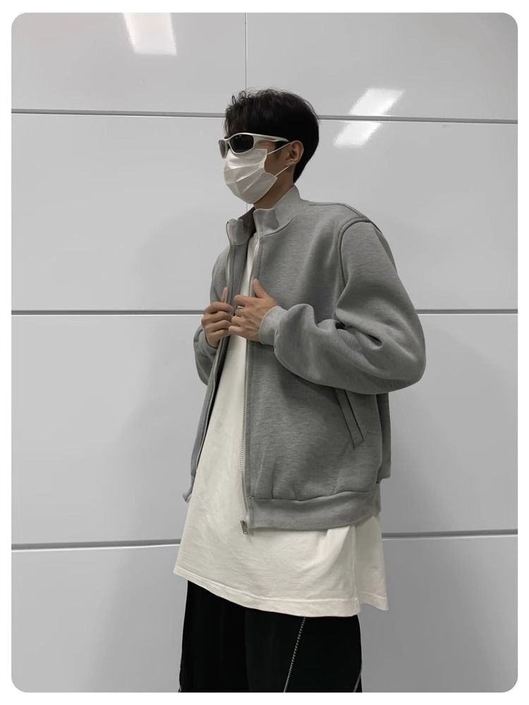 Jungen Herbst Lässige Strickjacke mit gepolsterten Schultern Graue Jacke Herren Lockerer Schnitt Internet Promi Hochwertig Kurzer Stehkragen Sport_voghion.com