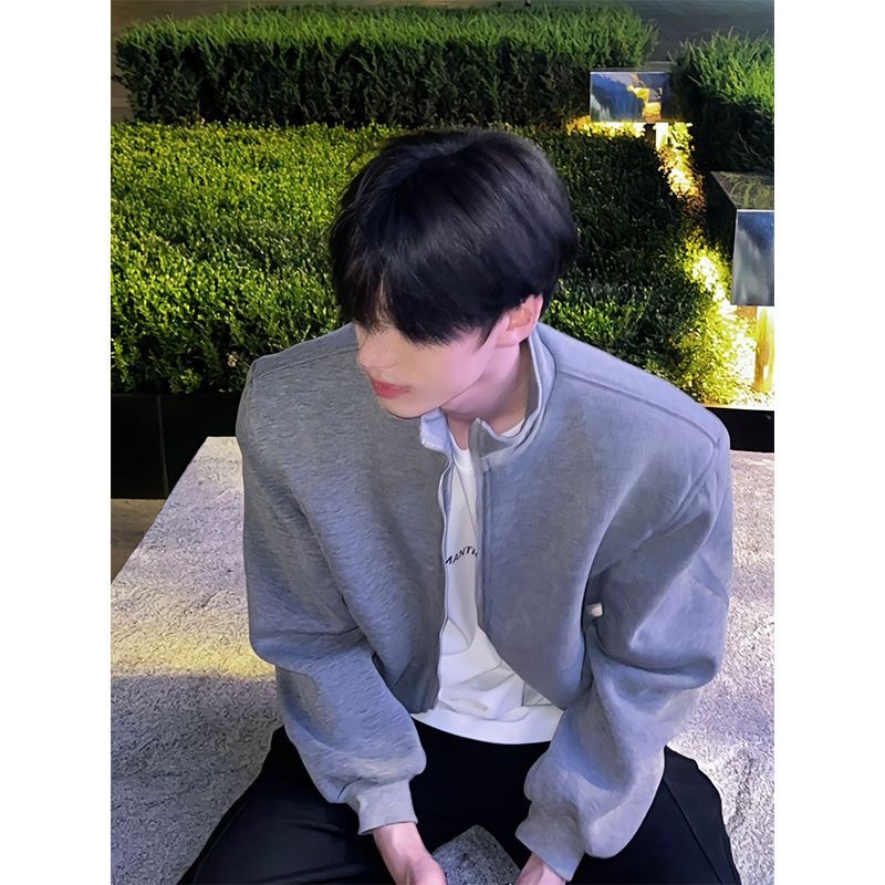 Jungen Herbst Lässige Strickjacke mit gepolsterten Schultern Graue Jacke Herren Lockerer Schnitt Internet Promi Hochwertig Kurzer Stehkragen Sport_voghion.com