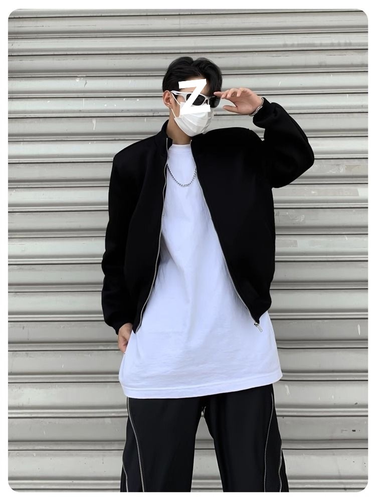 Jungen Herbst Lässige Strickjacke mit gepolsterten Schultern Graue Jacke Herren Lockerer Schnitt Internet Promi Hochwertig Kurzer Stehkragen Sport_voghion.com