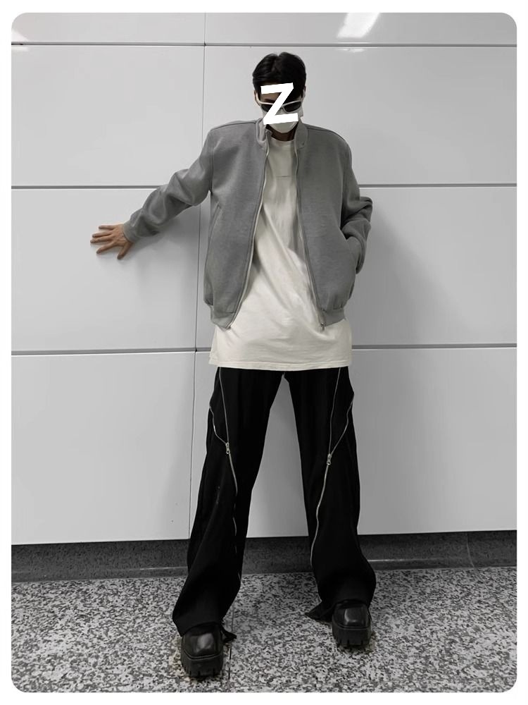 Jungen Herbst Lässige Strickjacke mit gepolsterten Schultern Graue Jacke Herren Lockerer Schnitt Internet Promi Hochwertig Kurzer Stehkragen Sport_voghion.com